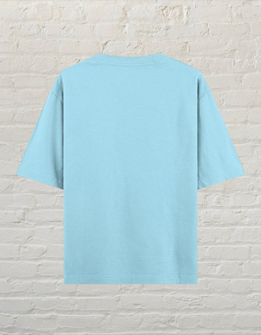 Back view of a CoreTeez baby blue 100% cotton unisex oversized t-shirt.