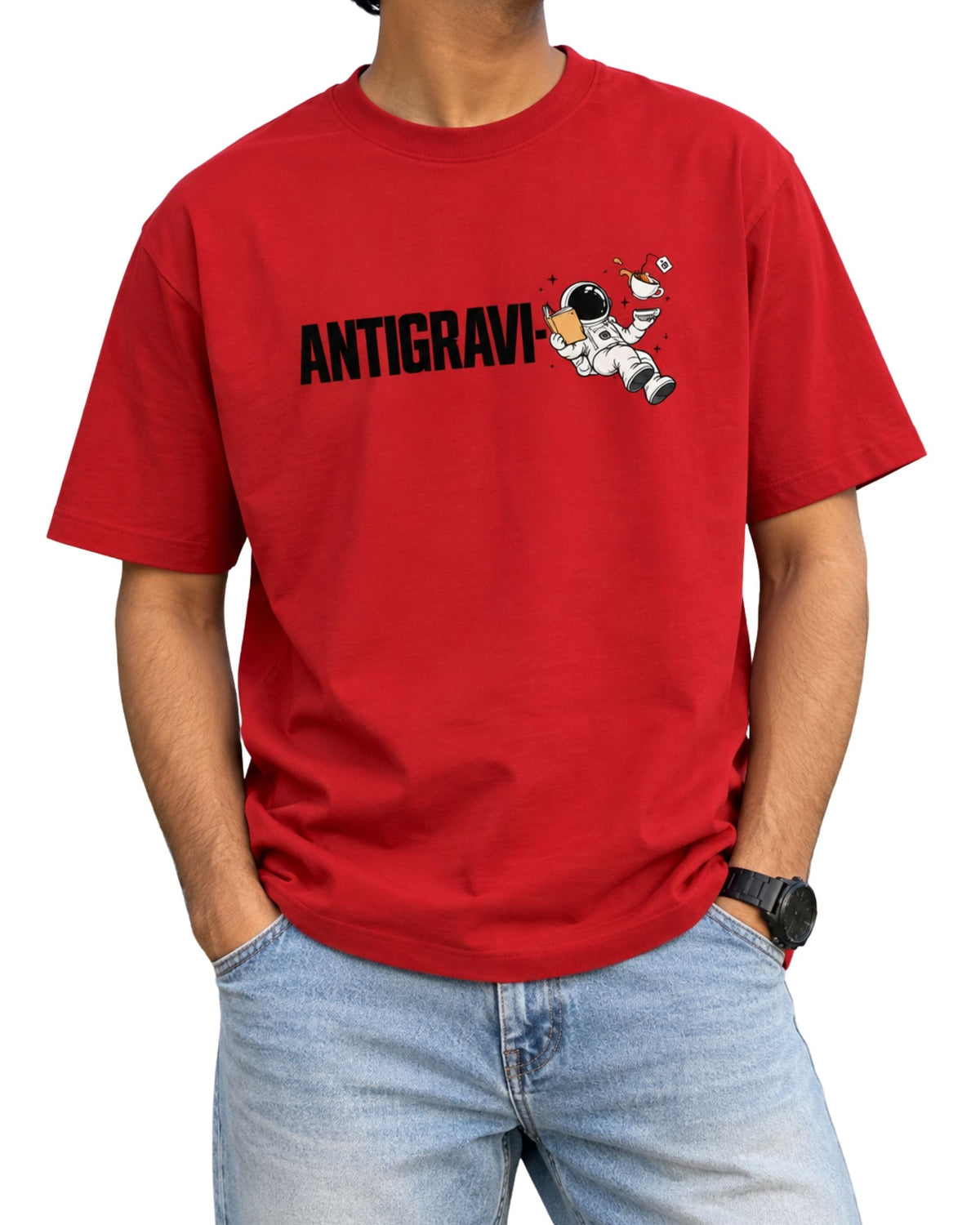 Antigravi-Ti astronaut tea graphic T-shirt with a floating astronaut holding a cup of tea red