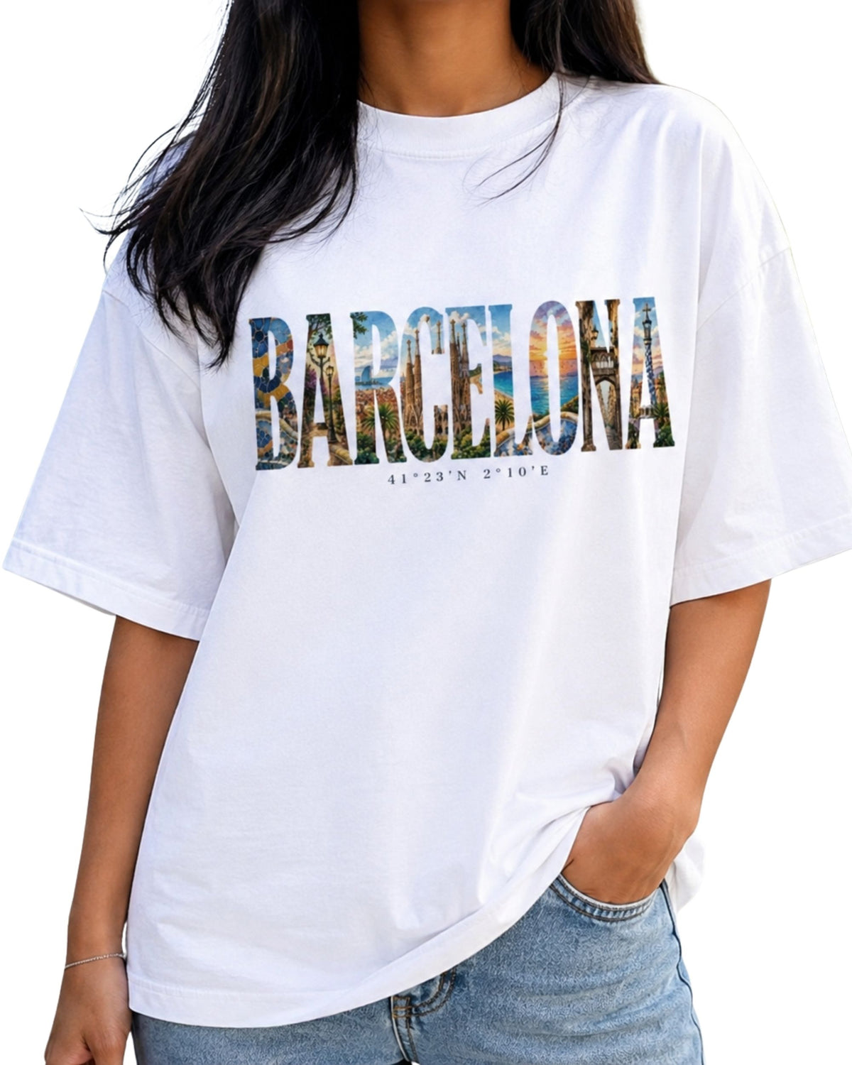 Barcelona travel-inspired oversized graphic T-shirt with artistic city typography and Mediterranean aesthetic white