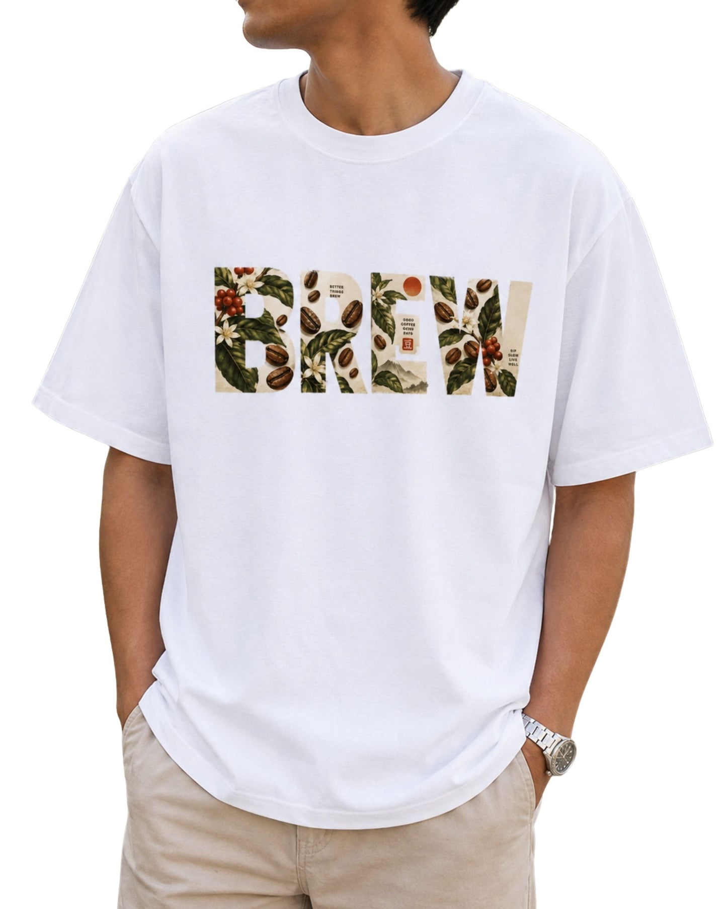 Brew coffee graphic T-shirt design with bold typography, coffee beans, botanical leaves, coffee flowers and vintage-inspired artwork white