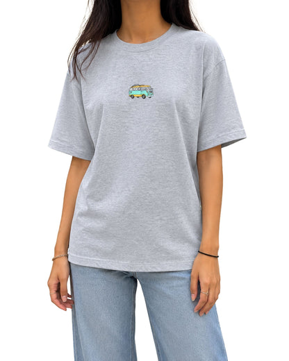 camper van graphic design printed on a unisex basic T-shirt, inspired by road trips, travel and vintage adventure aesthetics grey melange
