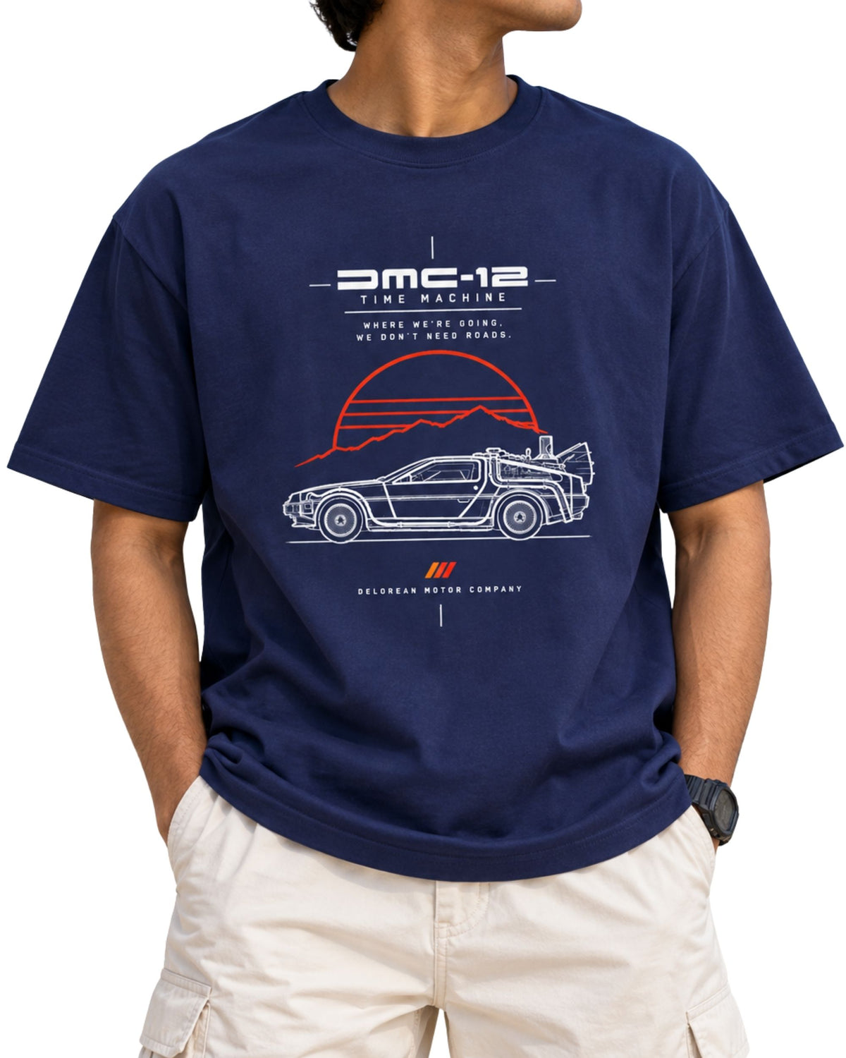 unisex retro graphic T-shirt with futuristic time machine car illustration, technical line art and orange-red mountain design royal blue