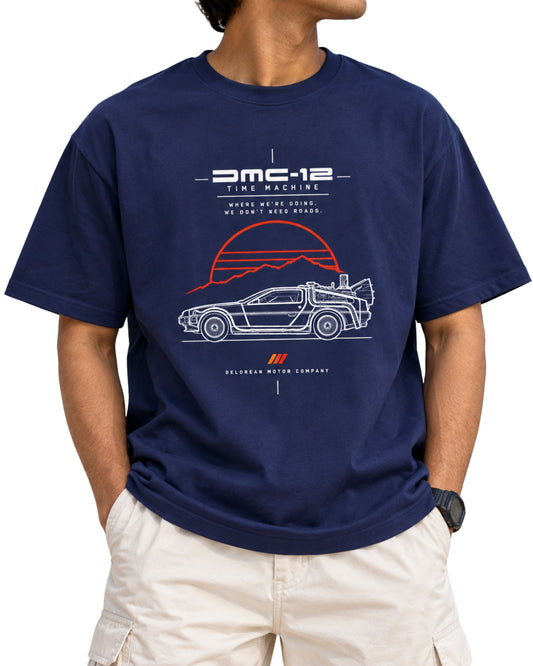 unisex retro graphic T-shirt with futuristic time machine car illustration, technical line art and orange-red mountain design royal blue