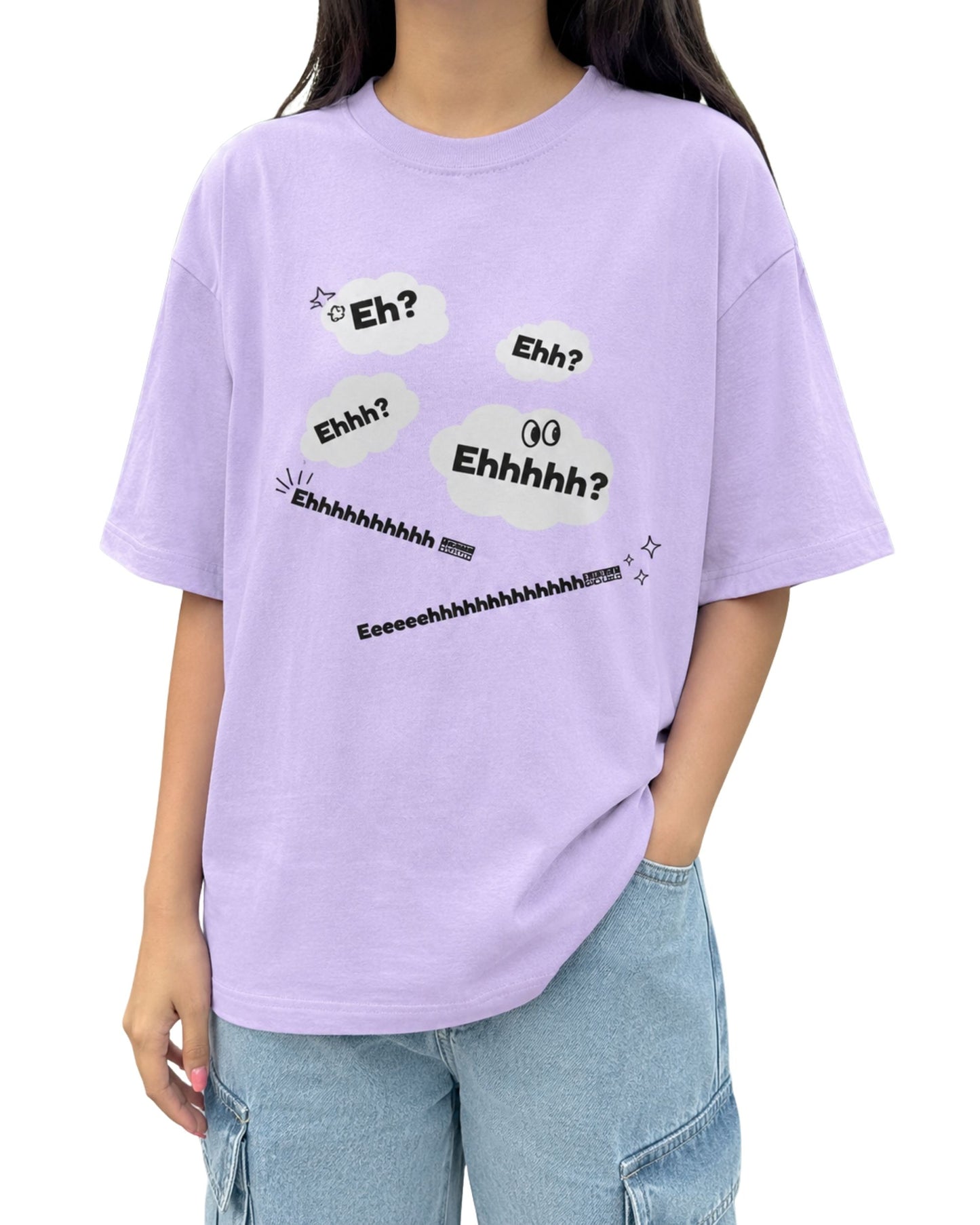 Oversized graphic T-shirt featuring playful “Eh?”, “Ehh?” and “Ehhhh?” expressions in comic-style speech bubbles with quirky doodle accents and bold black typography lavender