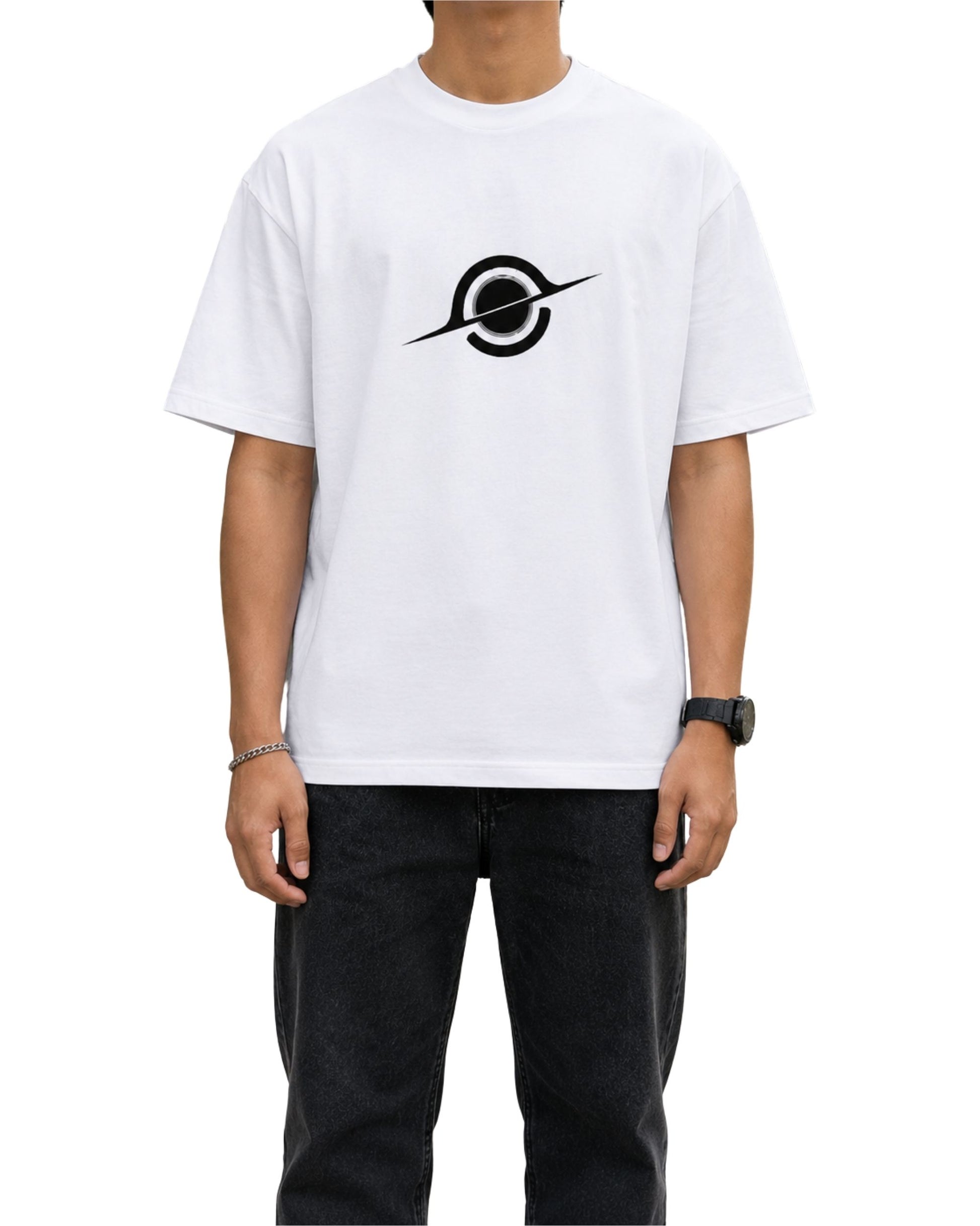 Young male model wearing a white graphic T-shirt with a minimalist hole-inspired sci-fi design printed on the front.