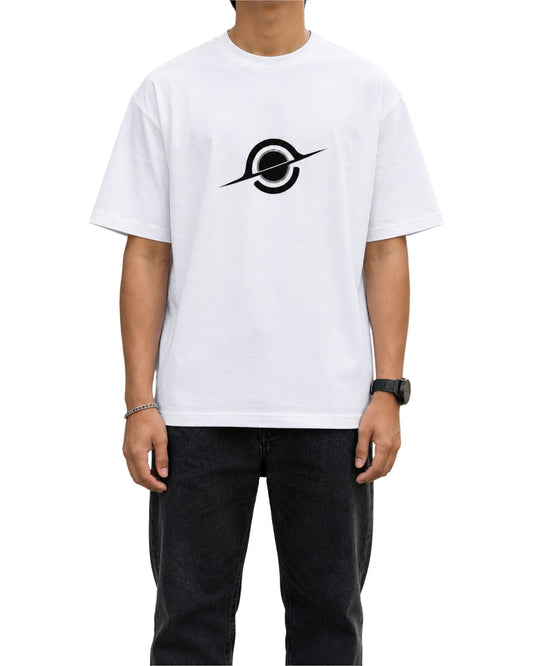 Young male model wearing a white graphic T-shirt with a minimalist hole-inspired sci-fi design printed on the front.