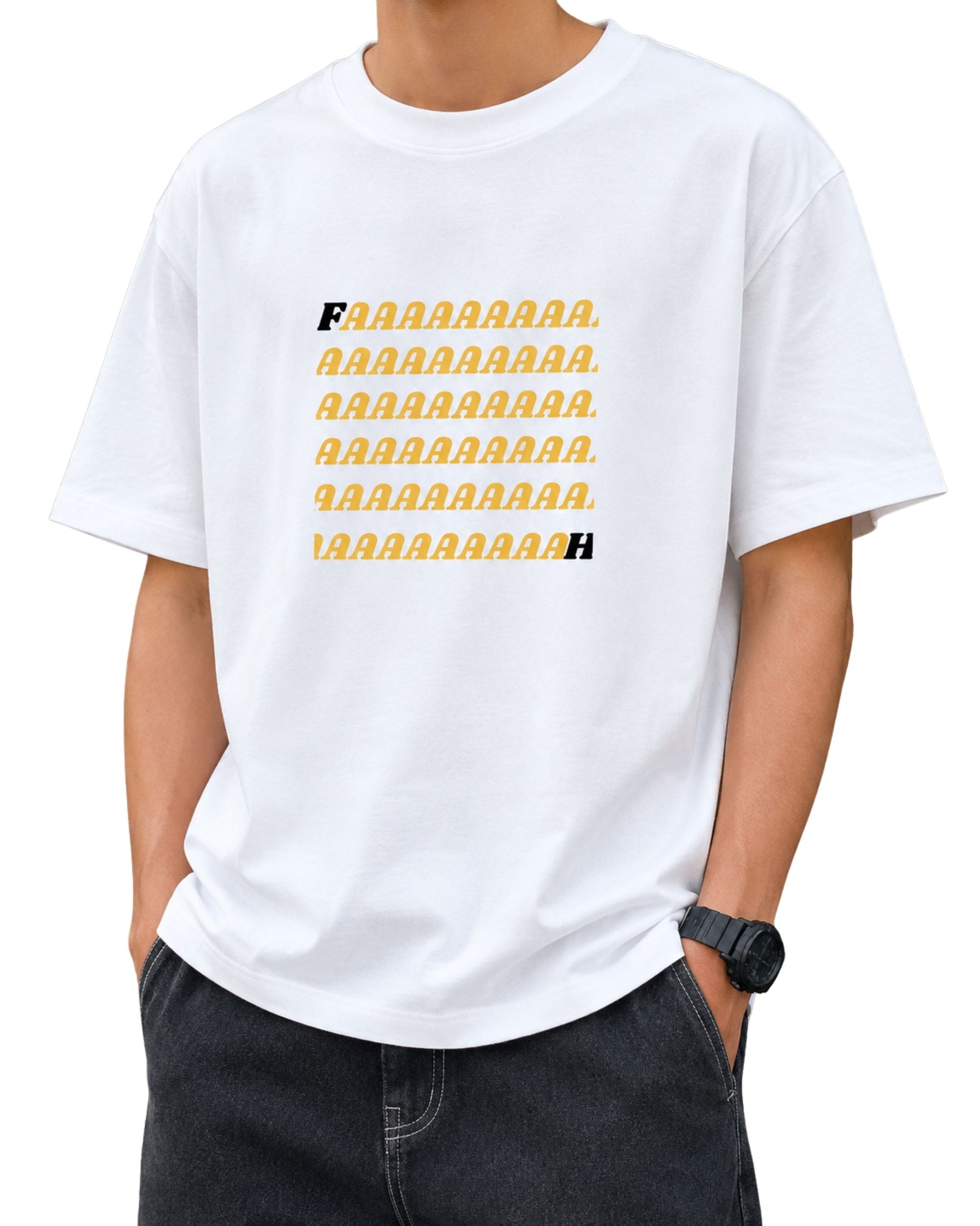 White oversized T-shirt featuring a bold typographic “FAAAAAAAAH” meme graphic styled on a male model in an outdoor setting