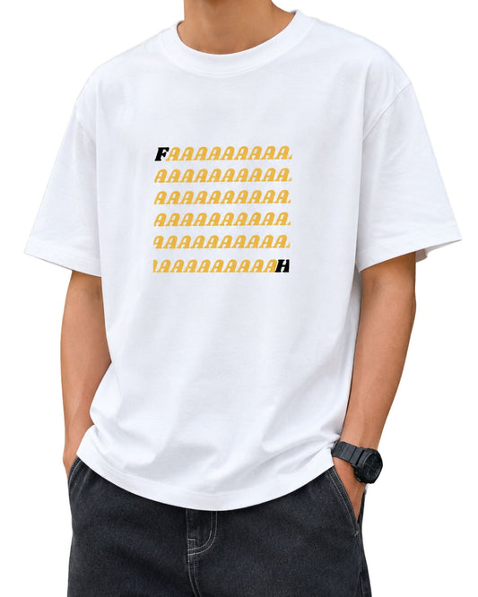 White oversized T-shirt featuring a bold typographic “FAAAAAAAAH” meme graphic styled on a male model in an outdoor setting