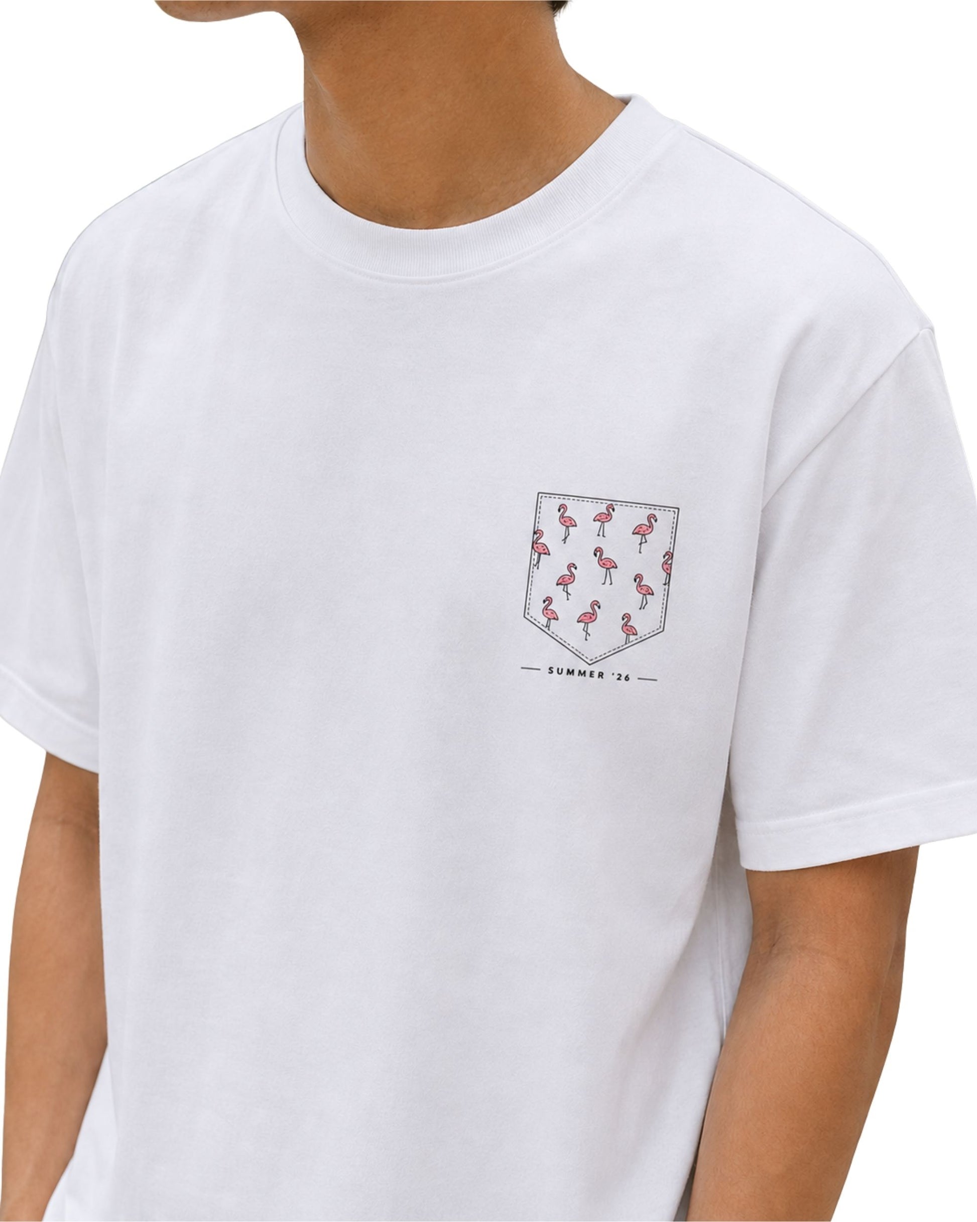 Unisex basic T-shirt with a pink Flamingo Summer '26 pocket graphic on the front left chest white