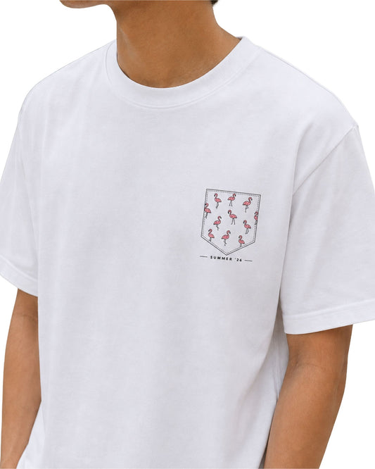 Unisex basic T-shirt with a pink Flamingo Summer '26 pocket graphic on the front left chest white