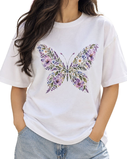 Floral butterfly graphic t-shirt with botanical flower and leaf artwork on a white tshirt