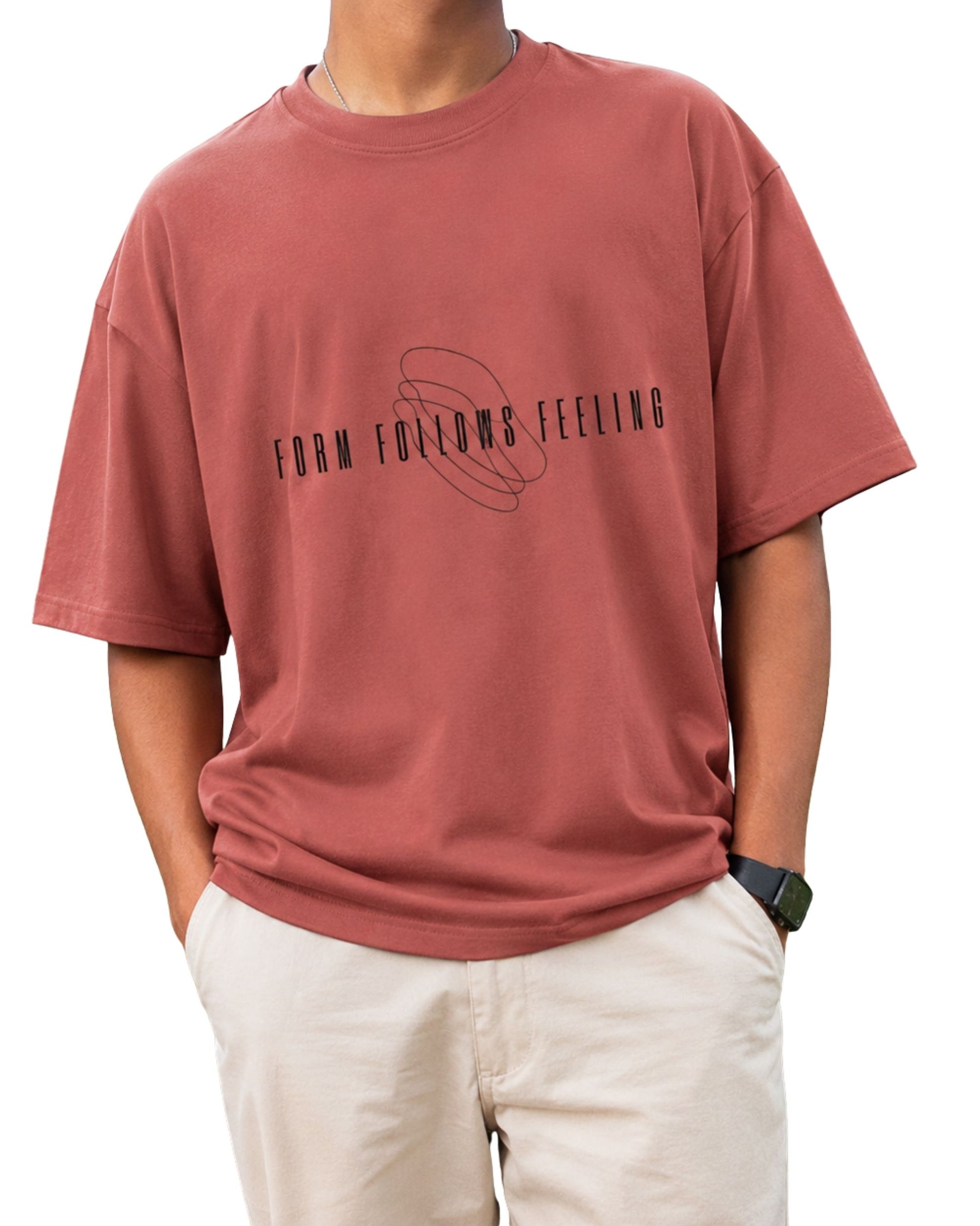Minimalist “FORM FOLLOWS FEELING” graphic T-shirt design with sleek typography layered across an abstract looping line illustration coral