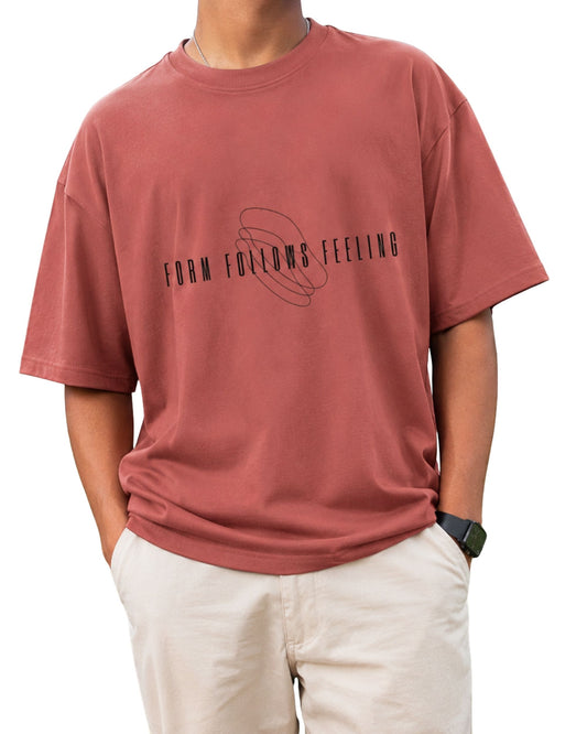 Minimalist “FORM FOLLOWS FEELING” graphic T-shirt design with sleek typography layered across an abstract looping line illustration coral
