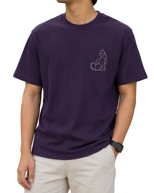 Minimal geometric cat line-art graphic, featuring an abstract sitting cat illustration designed as a small chest print purple T-shirt.