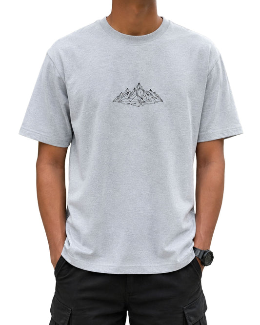 Grey melange  basic fit T-shirt featuring a small minimalist mountain line-art graphic centered on the chest.