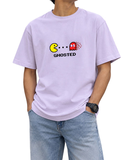 Ghosted retro gaming graphic on a unisex regular fit t-shirt with pixel-style arcade characters and bold GHOSTED typography lavender