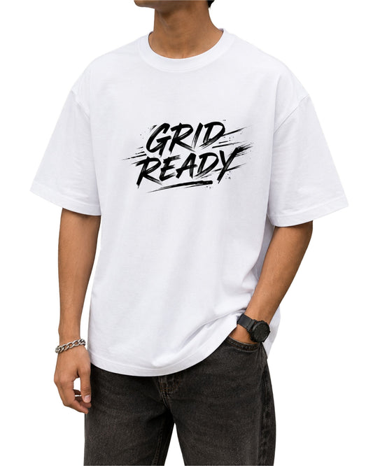 White oversized T-shirt with bold “Grid Ready” hand-sketched typography graphic on the front.