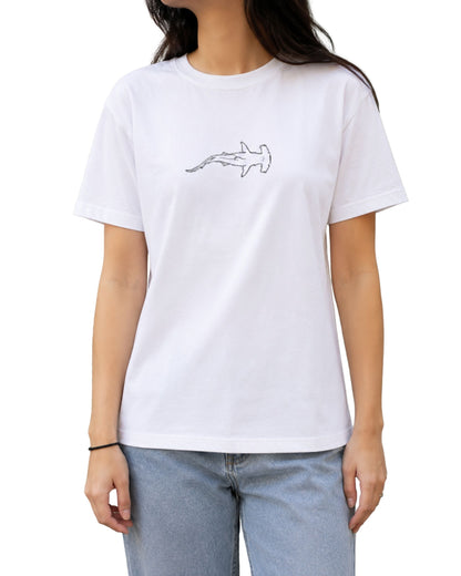White basic-fit T-shirt with a small minimalist hammerhead shark line-art graphic printed on the front chest.