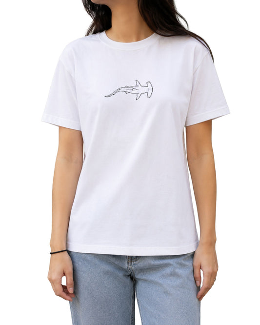 White basic-fit T-shirt with a small minimalist hammerhead shark line-art graphic printed on the front chest.