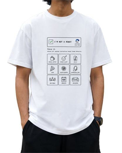 Normal human behaviour graphic unisex T-shirt design with coffee, sleep, bills, food, overthinking, doomscrolling, meetings, Mondays and weekends icons white