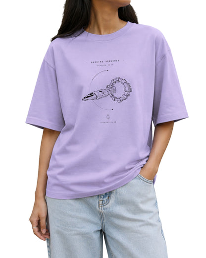 Minimal sci-fi spacecraft docking sequence graphic with orbital lines and futuristic space-inspired details Lavender