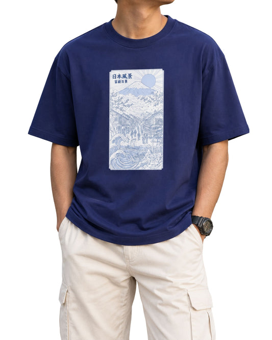 Japanese-inspired graphic T-shirt design featuring Mount Fuji, a rising sun, cherry blossoms, traditional Japanese architecture, ocean waves, boats, and detailed art royal blue