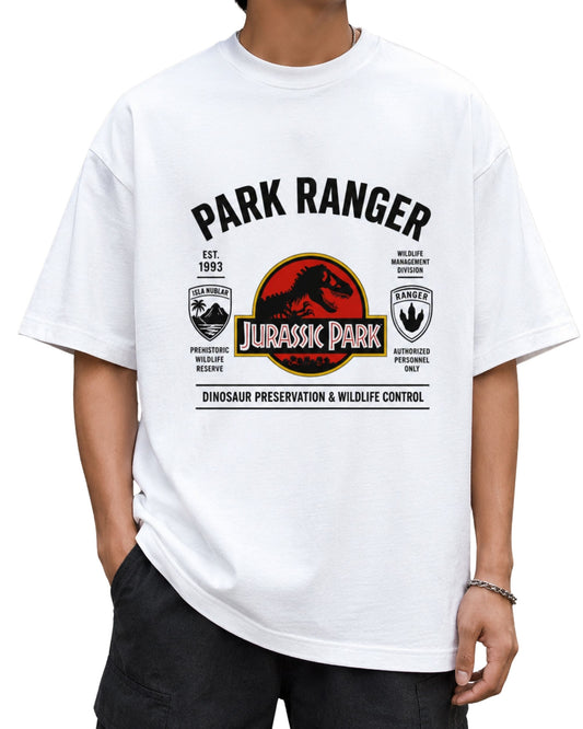Jurassic Park Ranger dinosaur graphic oversized T-shirt with Isla Nublar wildlife management inspired print White