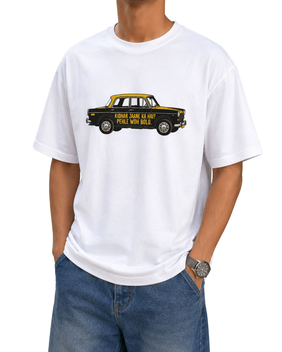 Retro Mumbai taxi graphic with the text “Kidhar Jaane Ka Hai? Pehle Woh Bolo.” in bold vintage-style typography white