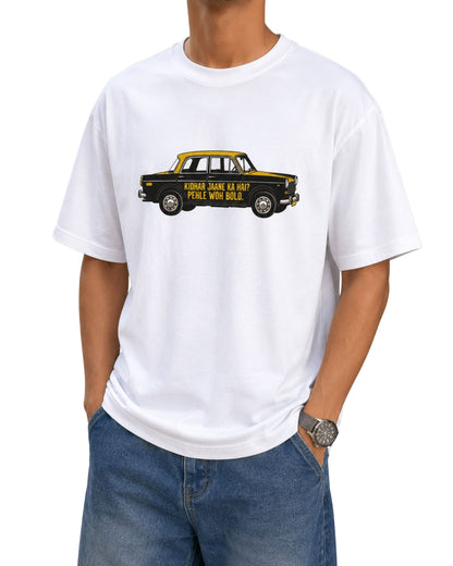 Retro Mumbai taxi graphic with the text “Kidhar Jaane Ka Hai? Pehle Woh Bolo.” in bold vintage-style typography white