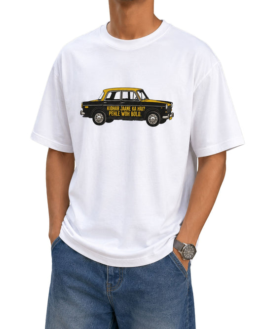 Retro Mumbai taxi graphic with the text “Kidhar Jaane Ka Hai? Pehle Woh Bolo.” in bold vintage-style typography white
