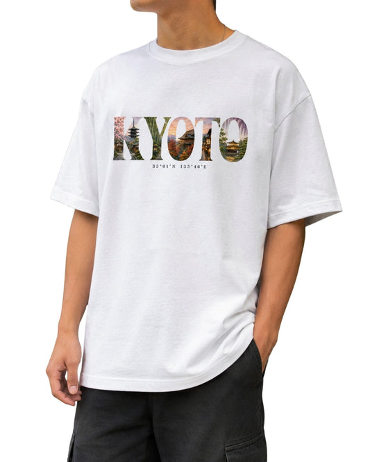 Kyoto Japan travel art unisex oversized graphic T-shirt with artistic Japanese-inspired design and Kyoto coordinates.