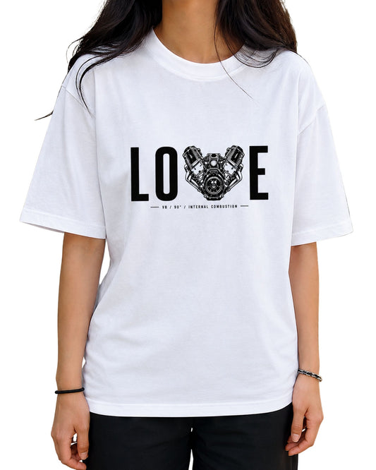 V8 engine graphic T-shirt design with bold LOVE typography and internal combustion motor artwork for car and automotive enthusiasts white
