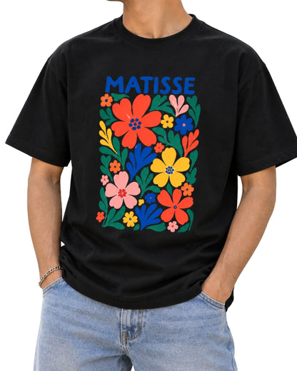 Matisse floral graphic t-shirt with colourful flower artwork on the front and bold MATISSE typography on the back | Coreteez Black