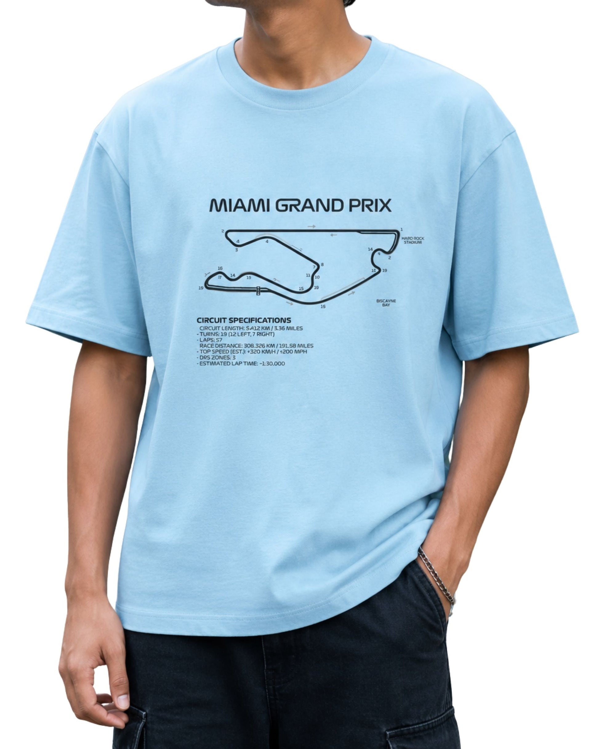 baby blue graphic T-shirt featuring a Miami Grand Prix racing circuit map with track directions, turn numbers, location labels, and technical circuit specifications in a clean motorsport-inspired design.