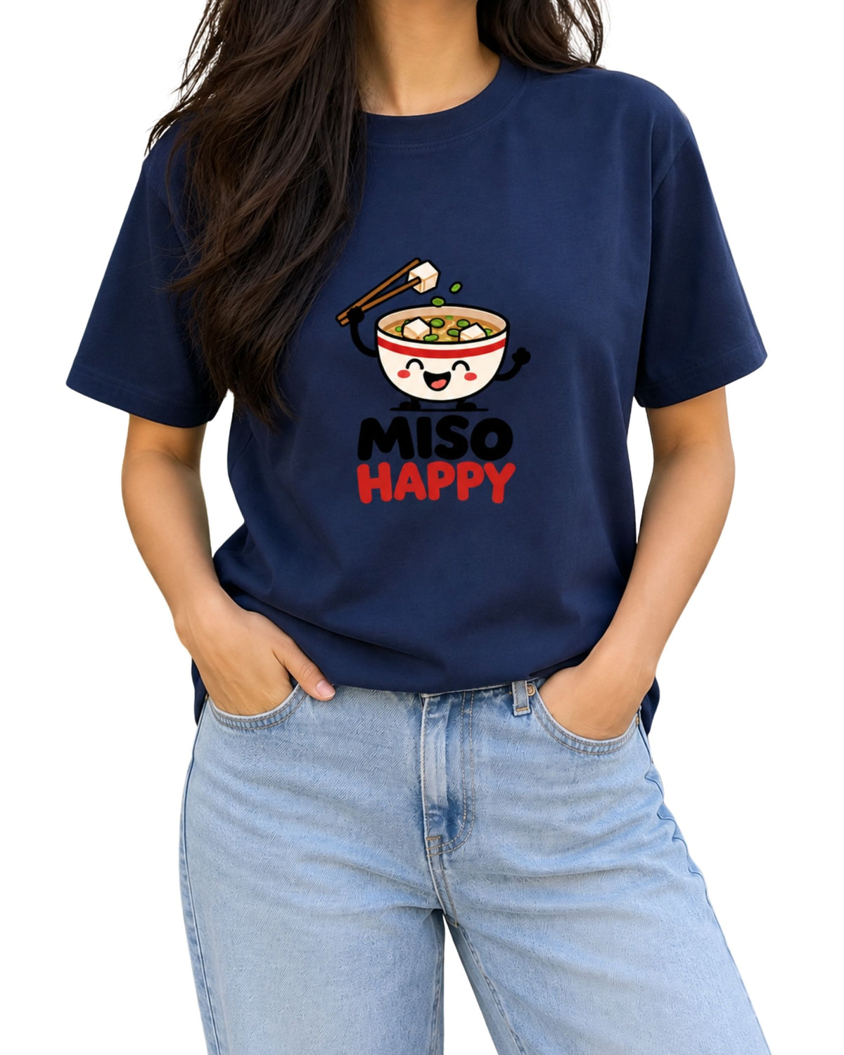 Miso Happy Japanese food graphic T-shirt with cute miso soup bowl, chopsticks and playful text design royal blue