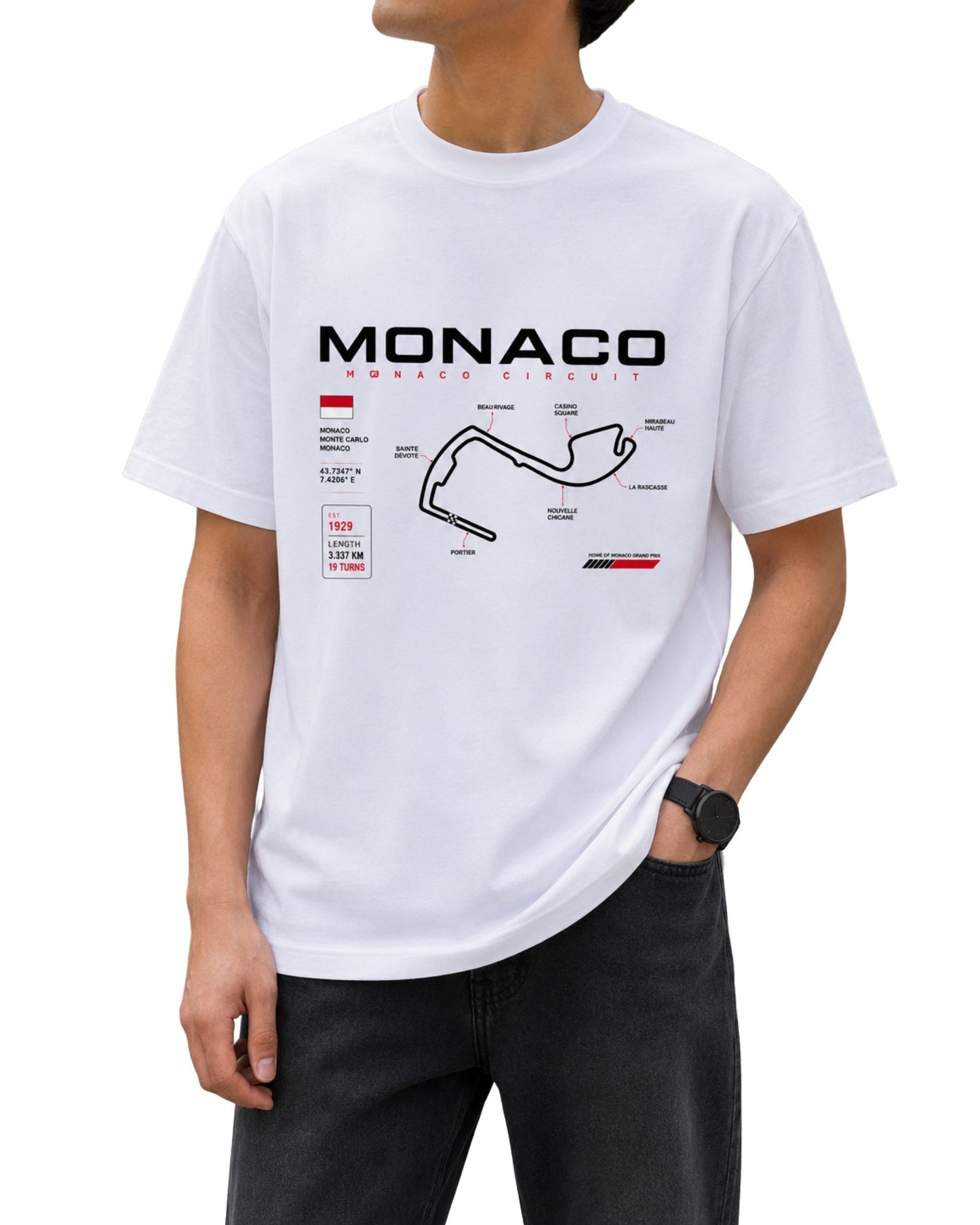 Monaco Circuit racing graphic T-shirt design with iconic track map, circuit details, coordinates and racing accents White