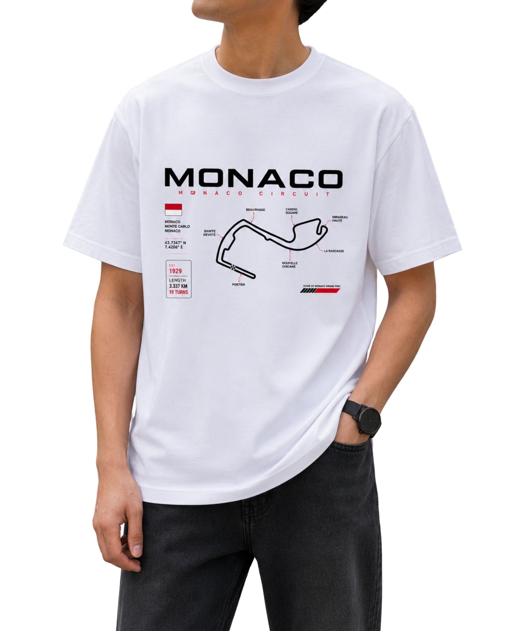 Monaco Circuit racing graphic T-shirt design with iconic track map, circuit details, coordinates and racing accents White