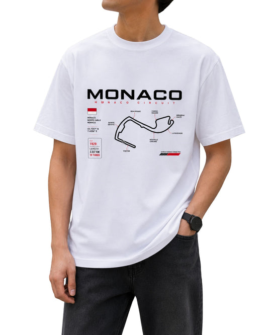 Monaco Circuit racing graphic T-shirt design with iconic track map, circuit details, coordinates and racing accents White