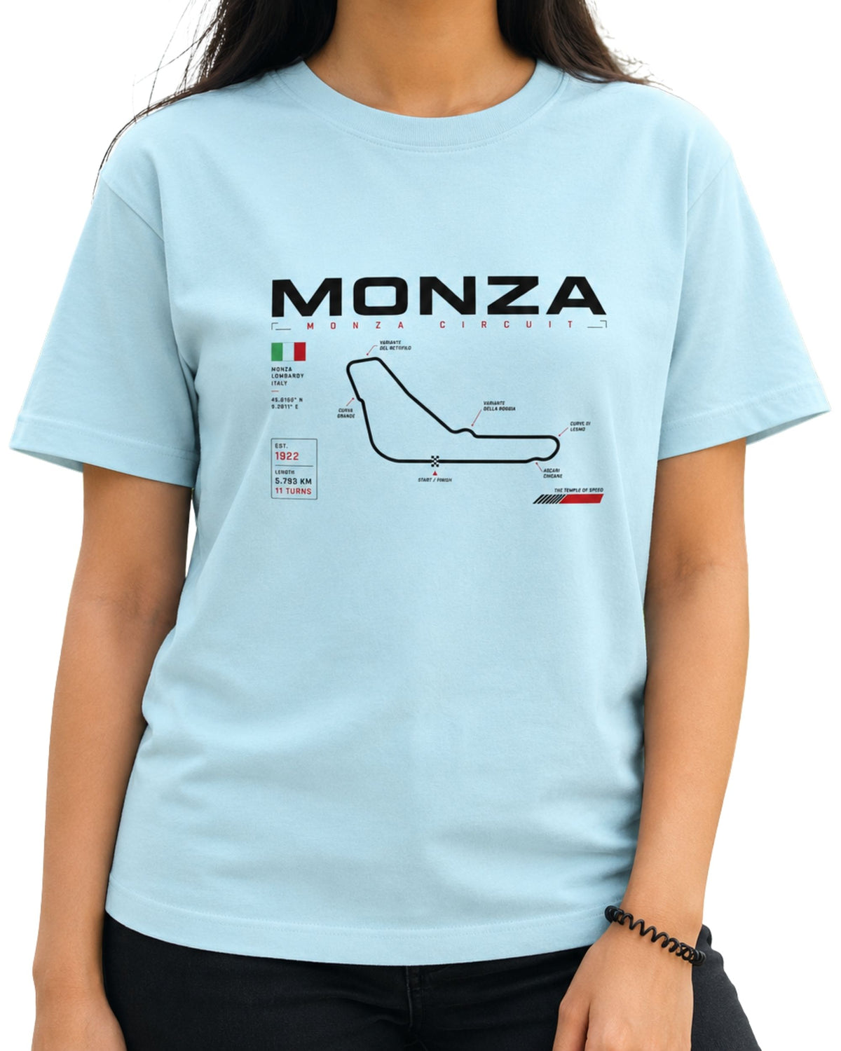 Monza Circuit Formula racing graphic T-shirt with track map design and bold motorsport-inspired details baby blue