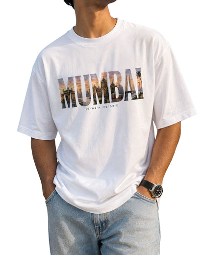 Mumbai travel graphic unisex oversized T-shirt with artistic city typography and sunset-inspired artwork White