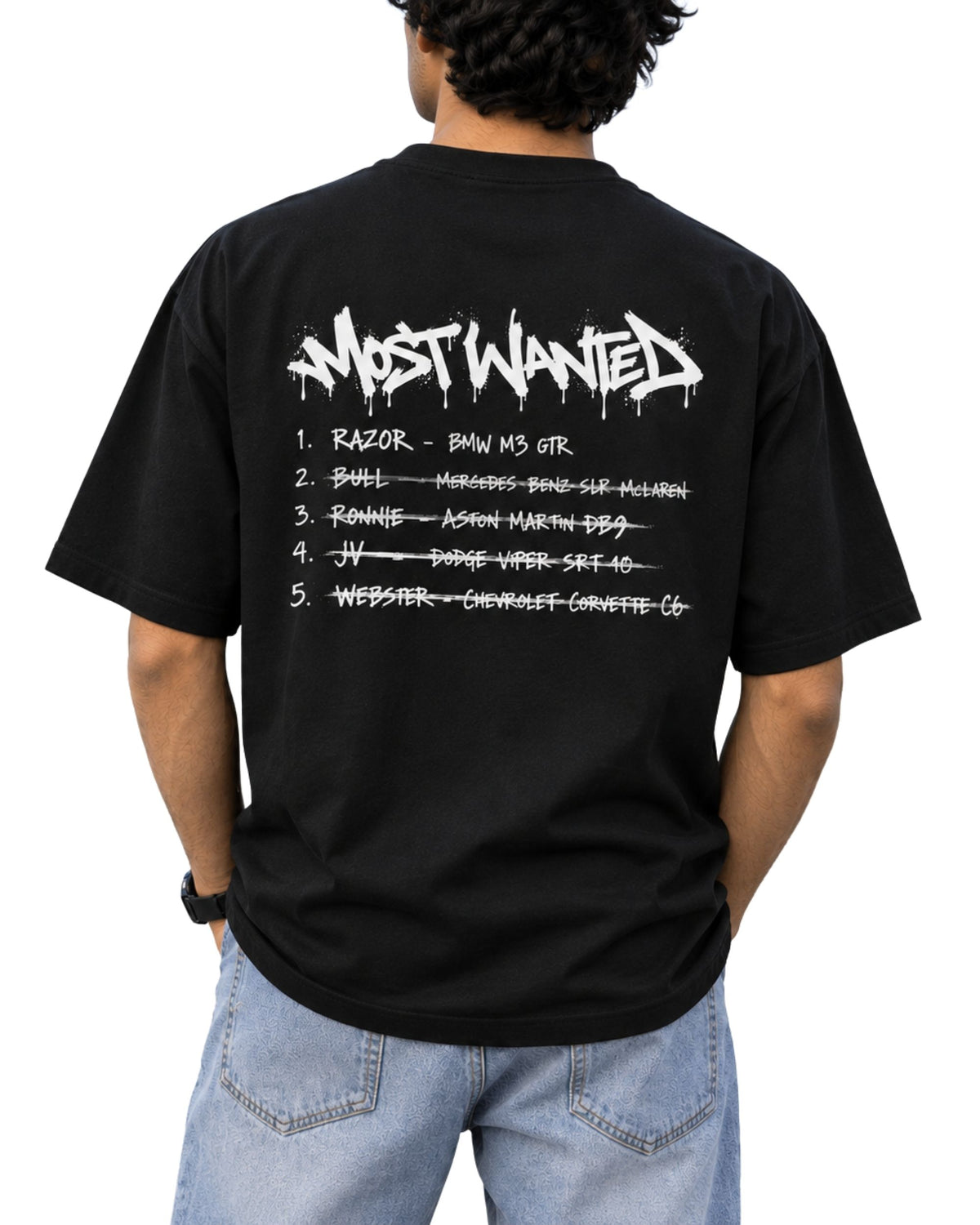 Black unisex graphic t-shirt with an iconic M3 GTR fan-art illustration and most wanted-inspired typography on the front plus a racing-game blacklist graphic on the back