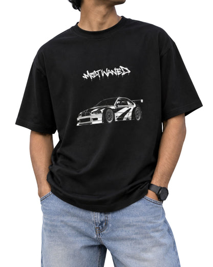 Black unisex graphic t-shirt with an iconic M3 GTR fan-art illustration and most wanted-inspired typography on the front plus a racing-game blacklist graphic on the back