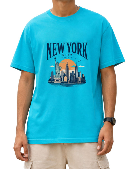New York City skyline graphic T-shirt design with Statue of Liberty, Empire State Building, Brooklyn Bridge and NYC skyscrapers in a vintage sunset illustration skyblue