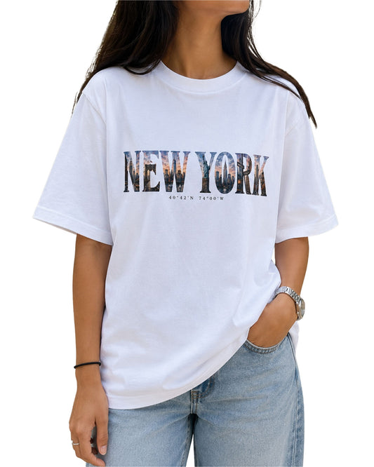 New York travel graphic oversized t-shirt with artistic NYC typography and coordinates, unisex Coreteez tee White