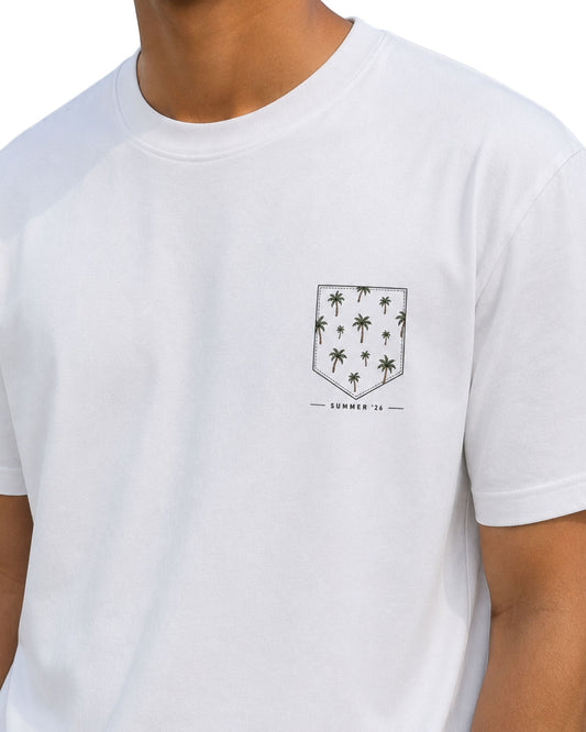 Summer ’26 palm tree graphic T-shirt with small front left pocket print and large tropical palm tree back print, unisex basic tee by Coreteez white
