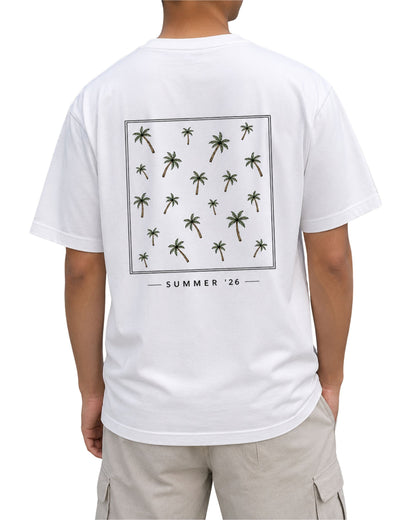 A man wearing a white short-sleeve t-shirt from the back, featuring a graphic print of small green palm trees inside a thin square border with 'SUMMER '26' printed below.