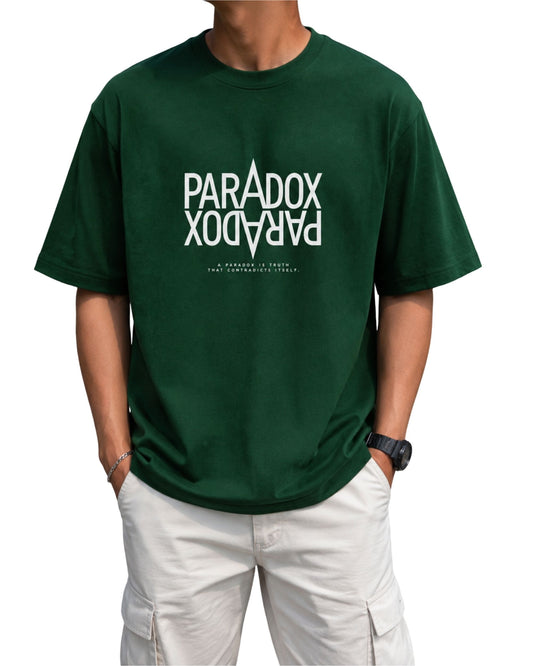 Paradox mirror typography graphic oversized T-shirt with bold inverted lettering and minimalist statement design Bottle Green