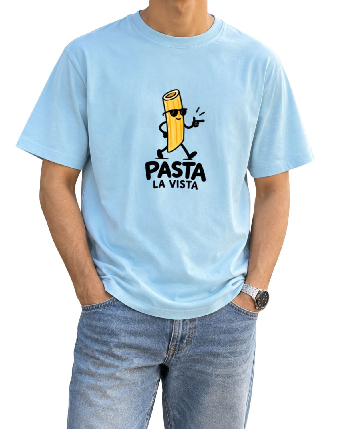 Pasta La Vista funny pasta graphic t-shirt with cool cartoon pasta character wearing sunglasses, unisex food lover tee baby blue
