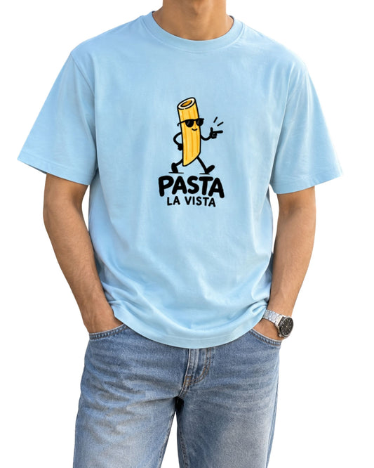 Pasta La Vista funny pasta graphic t-shirt with cool cartoon pasta character wearing sunglasses, unisex food lover tee baby blue