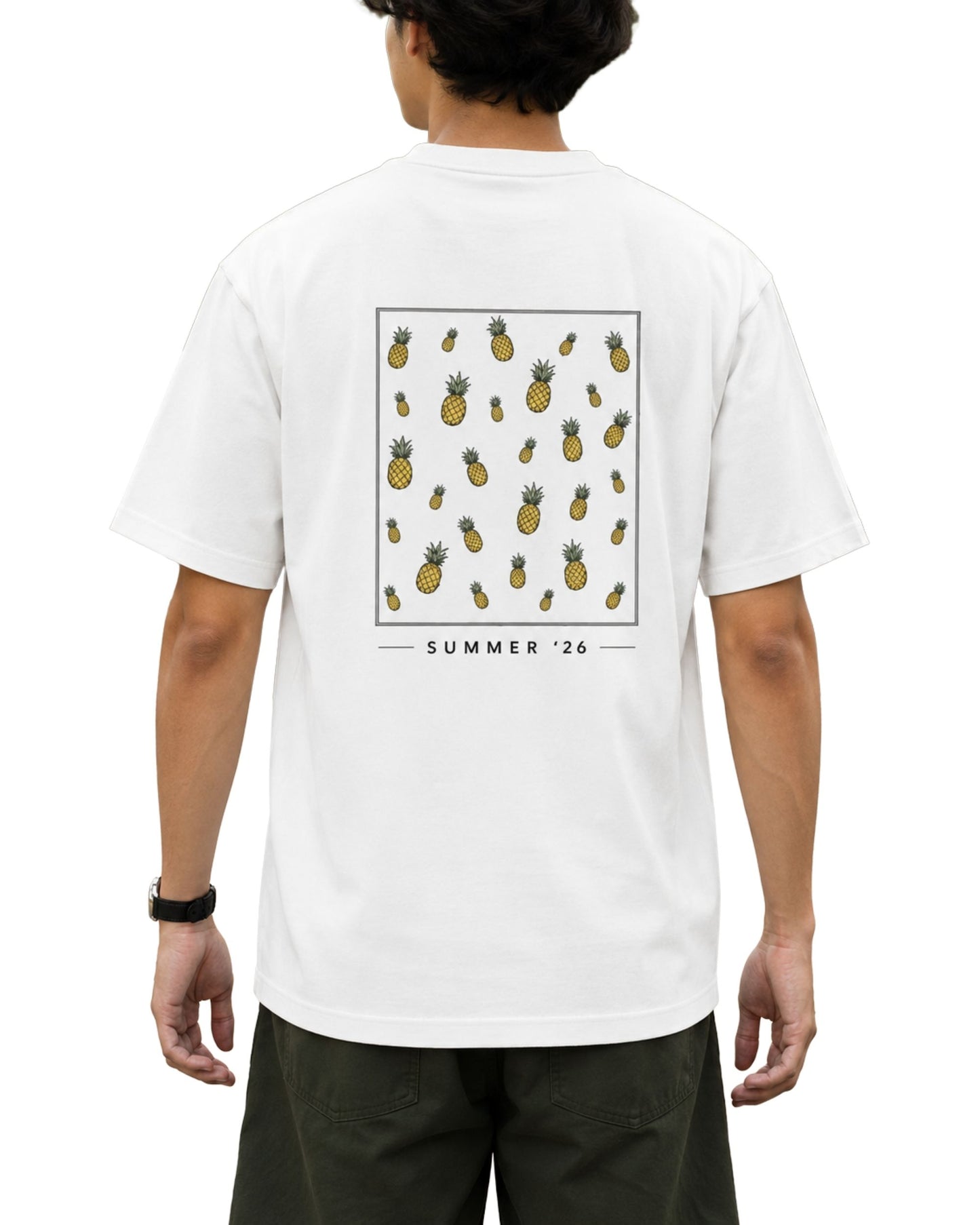 Unisex basic T-shirt with large Summer ’26 graphic artwork printed on the back white.